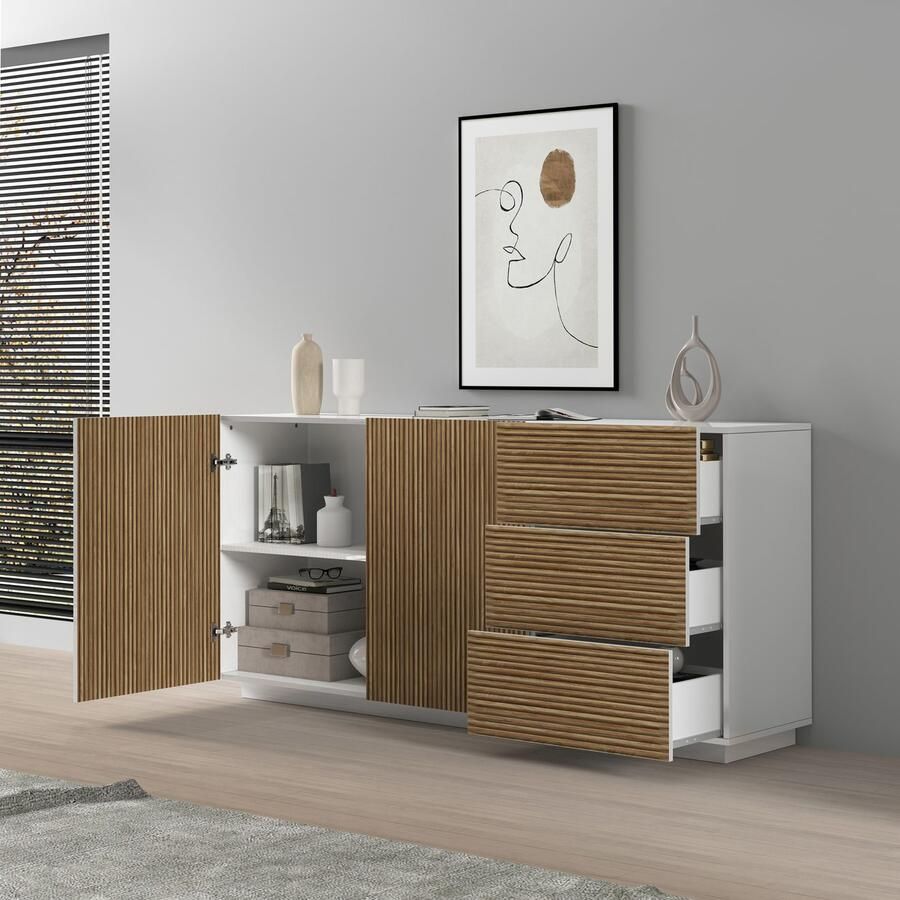 INOSIGN Dressoir Vega Sideboard Ladekast 180 cm met 2 deuren en 3 lades fronten met groeflook - Foto 2