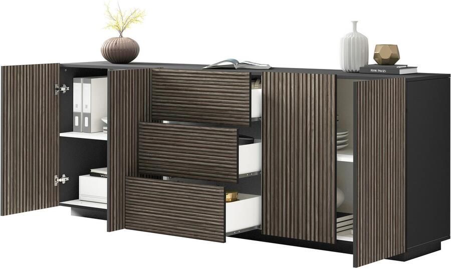 INOSIGN Dressoir Vega Sideboard Ladekast 220 cm met 4 deuren en 3 lades fronten met groeflook - Foto 10