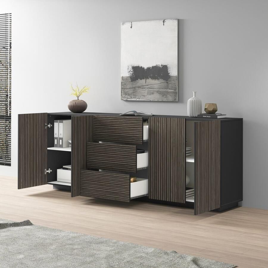 INOSIGN Dressoir Vega Sideboard Ladekast 220 cm met 4 deuren en 3 lades fronten met groeflook - Foto 8