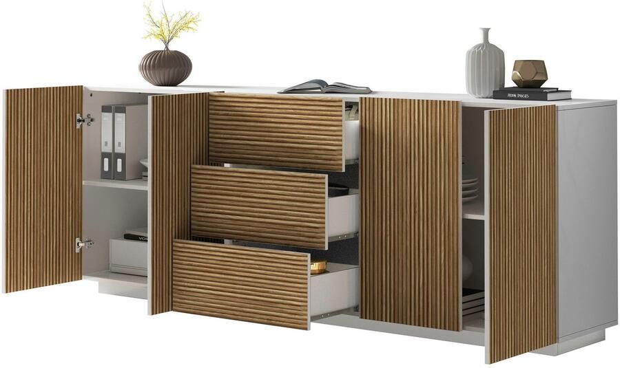 INOSIGN Dressoir Vega Sideboard Ladekast 220 cm met 4 deuren en 3 lades fronten met groeflook - Foto 11