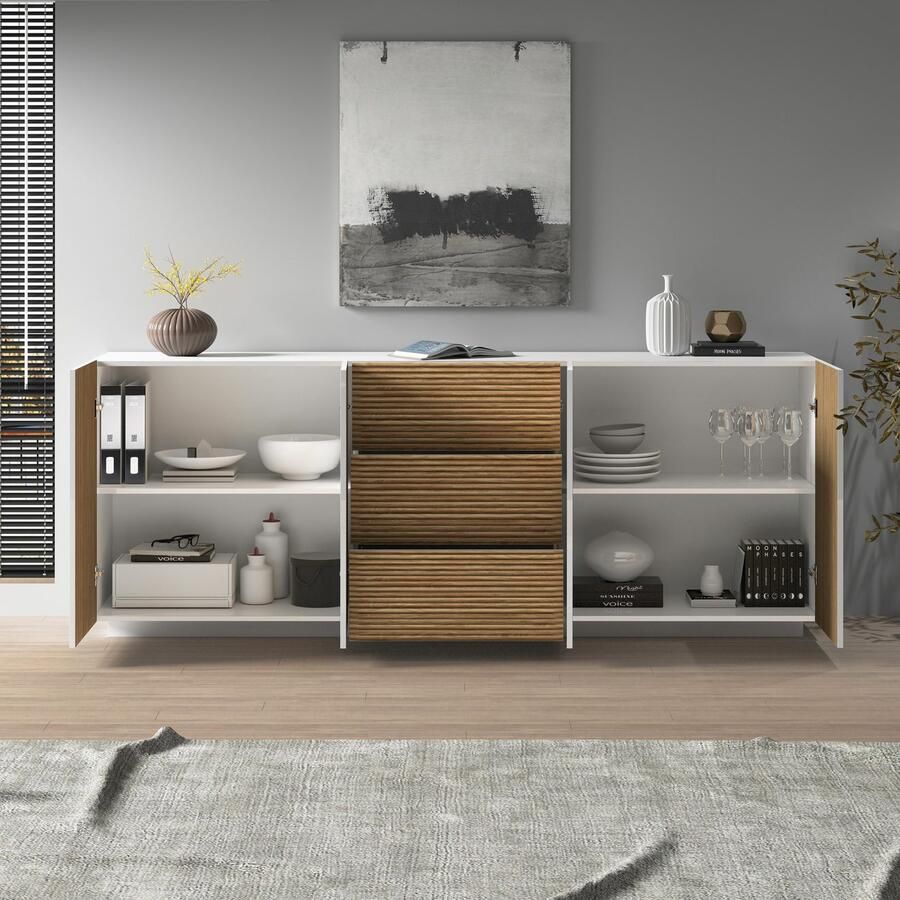 INOSIGN Dressoir Vega Sideboard Ladekast 220 cm met 4 deuren en 3 lades fronten met groeflook - Foto 4