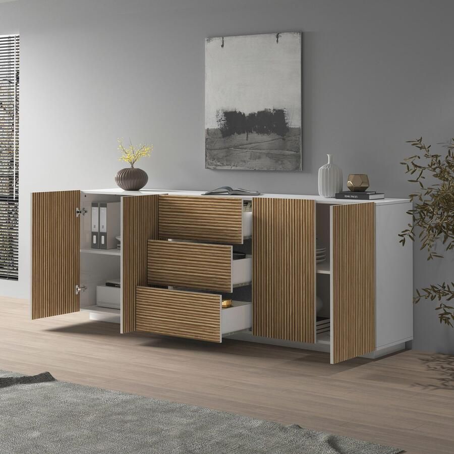 INOSIGN Dressoir Vega Sideboard Ladekast 220 cm met 4 deuren en 3 lades fronten met groeflook - Foto 5