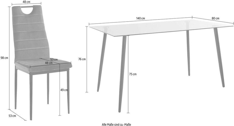 INOSIGN Eethoek Glazen tafel breedte 140 cm en 4 eetkamerstoelen bekleding van fluweel (set 5-delig) - Foto 4