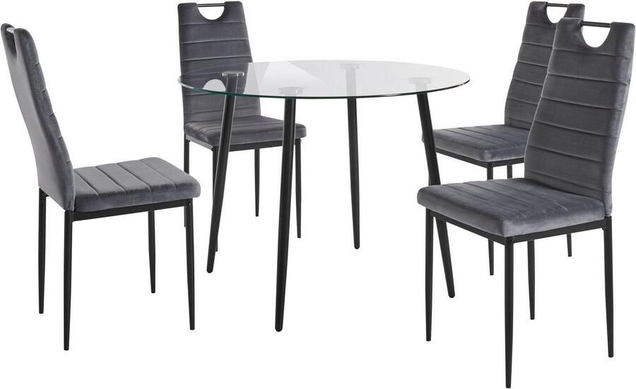 INOSIGN Eethoek ronde glazen tafel ø 100 cm en 4 eetkamerstoelen bekleding van fluweel (set 5-delig) - Foto 5