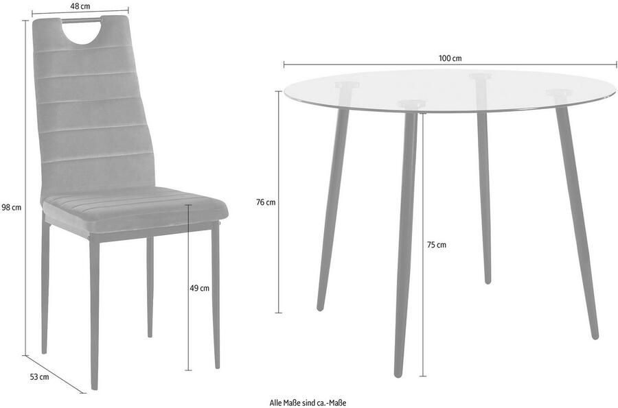 INOSIGN Eethoek ronde glazen tafel ø 100 cm en 4 eetkamerstoelen bekleding van fluweel (set 5-delig) - Foto 2
