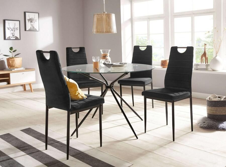 INOSIGN Eethoek Silvi-Mandy Glazen tafel 110x110 cm met 4 stoelen (velours stof) frame van metaal (set 5-delig) - Foto 10