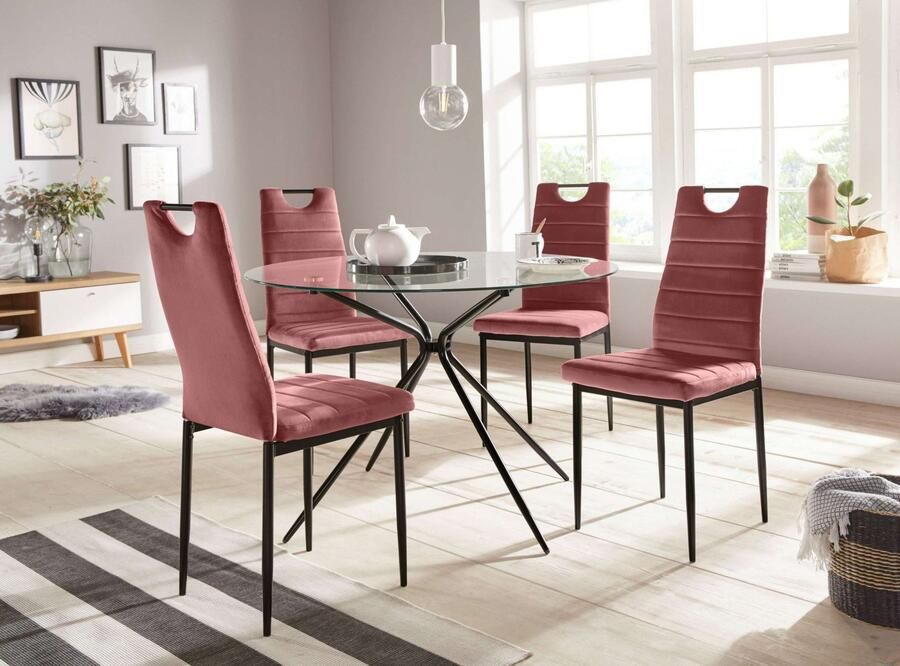 INOSIGN Eethoek Silvi-Mandy Glazen tafel 110x110 cm met 4 stoelen (velours stof) frame van metaal (set 5-delig) - Foto 10