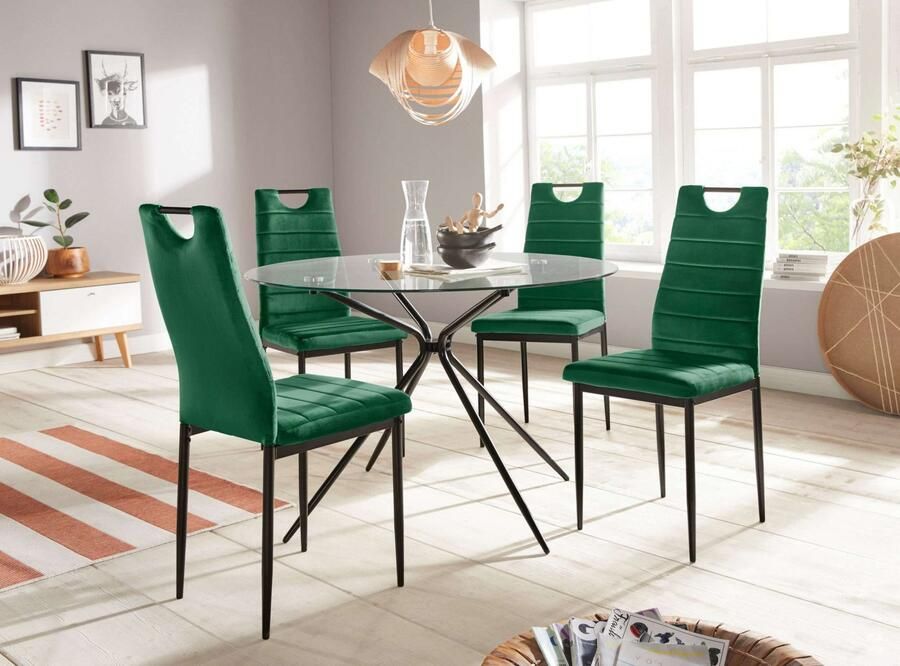 INOSIGN Eethoek Silvi-Mandy Glazen tafel 110x110 cm met 4 stoelen (velours stof) frame van metaal (set 5-delig) - Foto 10