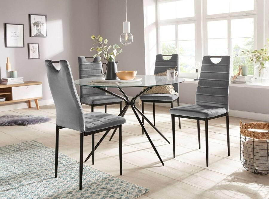 INOSIGN Eethoek Silvi-Mandy Glazen tafel 110x110 cm met 4 stoelen (velours stof) frame van metaal (set 5-delig) - Foto 10