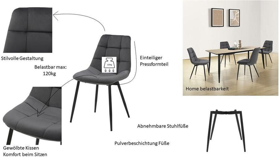 INOSIGN Eetkamerstoel Arhus TOPSELLER! Keukenstoel met zachte fluwelen bekleding onderhoudsvriendelijk materiaal (set) - Foto 10
