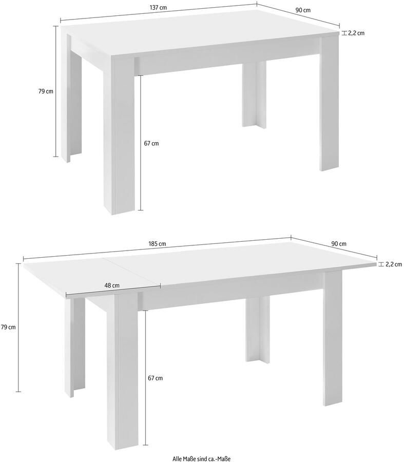 INOSIGN Eettafel Basis 137x90x79 cm (BxDxH) eettafel wit hoogglans lak moderne rechthoekige keukentafel uitschuifbaar uitbreidbaar tot 185 cm