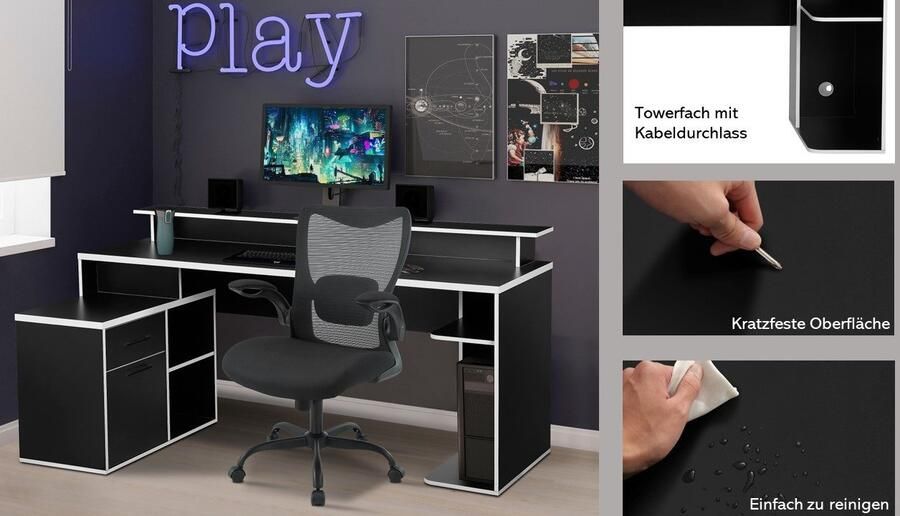 INOSIGN Gamingtafel Game Computertisch Hoekbureau tower-vak kabeldoorvoer monitorsteun opbergruimte afmetingen 180x102 cm - Foto 6