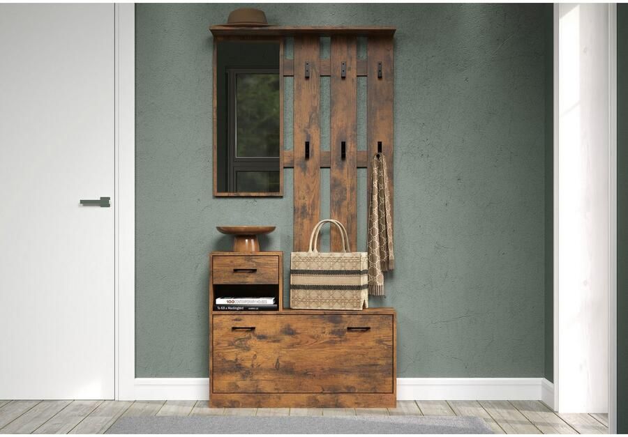 INOSIGN Halmeubelset Basel Schoenopberger met schoenendoos paneel met spiegel en haken (complete set 2 stuks) - Foto 4