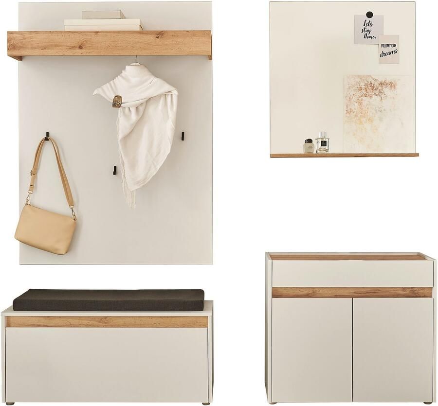 INOSIGN Halmeubelset GIRON CiTY moderne garderobe complete set met veel opbergruimte bevat commode spiegel paneel & schoenenbank + zitkussen 190 cm breed (complete set 4-delig) - Foto 15