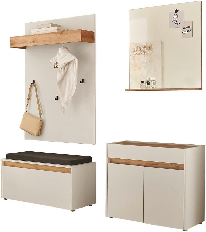INOSIGN Halmeubelset GIRON CiTY moderne garderobe complete set met veel opbergruimte bevat commode spiegel paneel & schoenenbank + zitkussen 190 cm breed (complete set 4-delig) - Foto 2