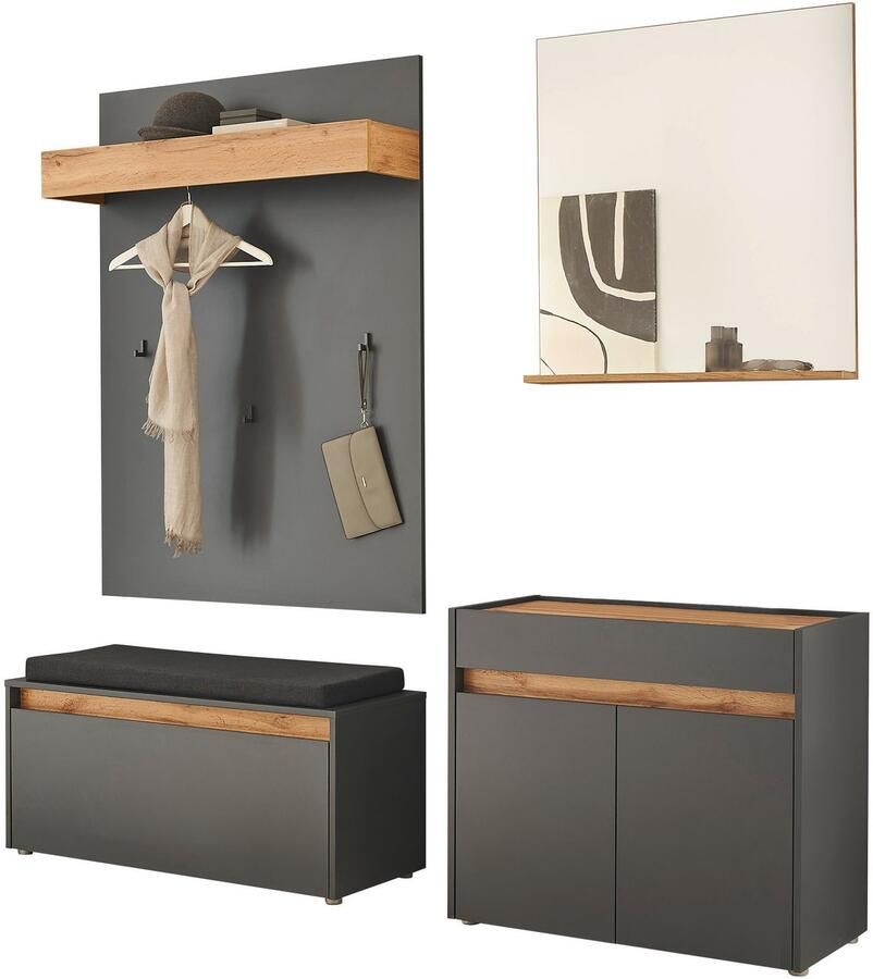 INOSIGN Halmeubelset GIRON CiTY moderne garderobe complete set met veel opbergruimte bevat commode spiegel paneel & schoenenbank + zitkussen 190 cm breed (complete set 4-delig) - Foto 2