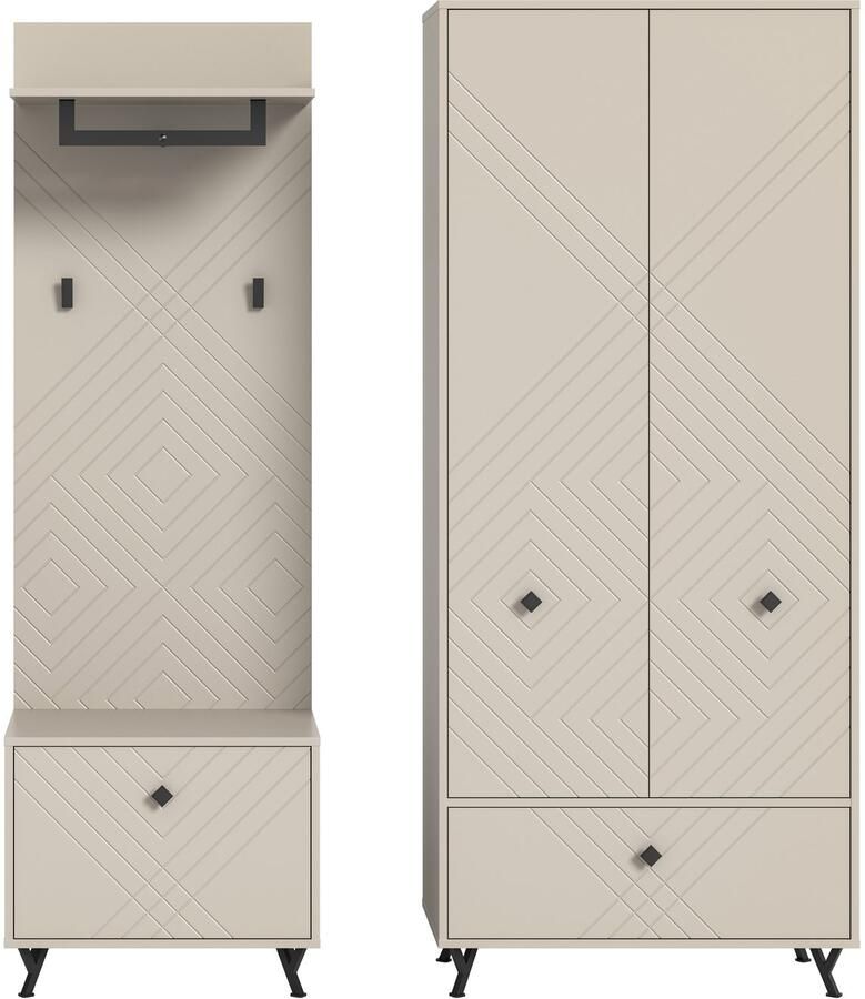 INOSIGN Halmeubelset Mento 3-delig ornamentfrezing in de front bestaande uit: Zitbank garderobenpaneel & garderobekast metalen handgrepen & voeten (set 3-delig) - Foto 3