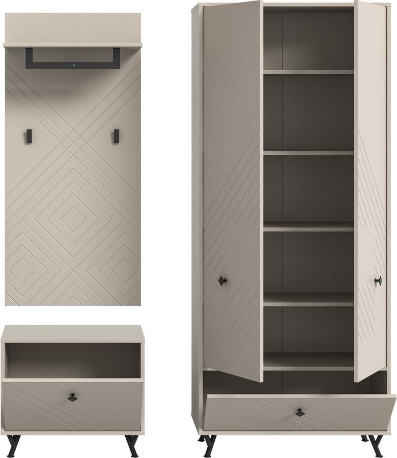 INOSIGN Halmeubelset Mento 3-delig ornamentfrezing in de front bestaande uit: Zitbank garderobenpaneel & garderobekast metalen handgrepen & voeten (set 3-delig) - Foto 2