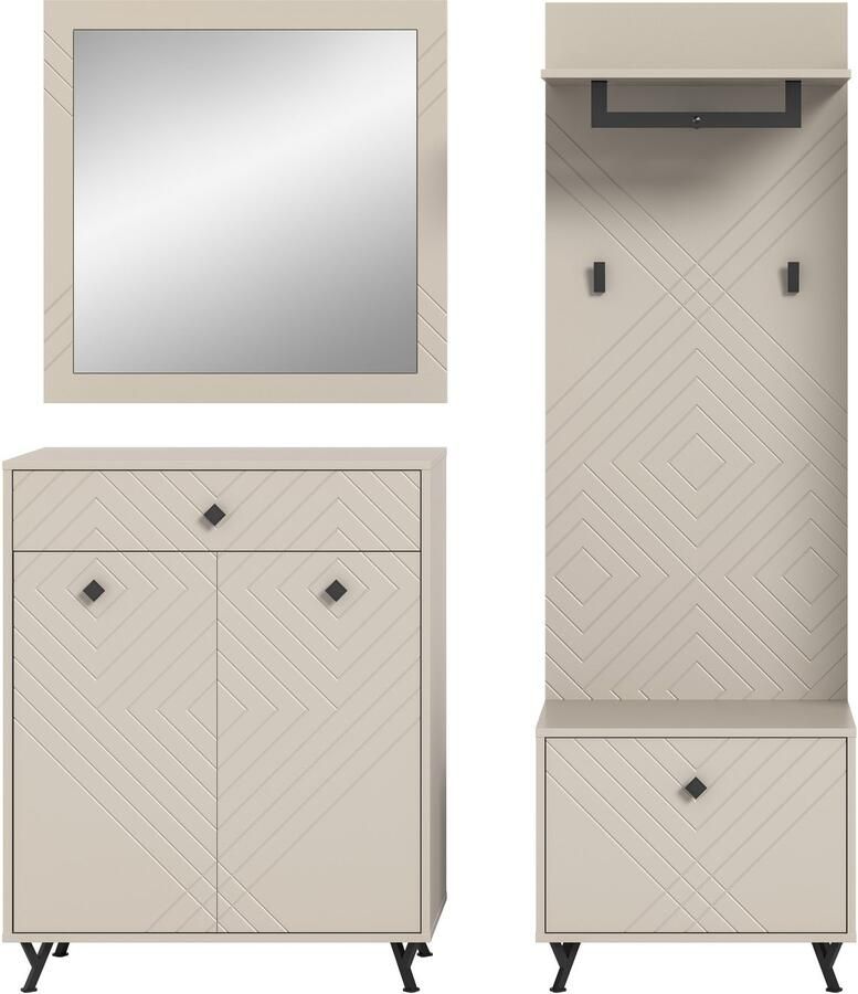 INOSIGN Halmeubelset Mento 4-delig ornamentfrezing in de front bestaande uit: Commode spiegel zitbank & garderobenpaneel metalen handgrepen & voeten (set 4-delig) - Foto 3