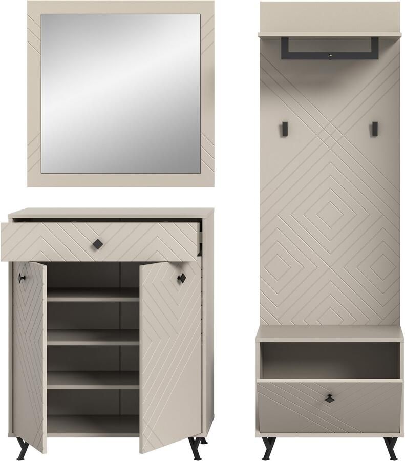 INOSIGN Halmeubelset Mento 4-delig ornamentfrezing in de front bestaande uit: Commode spiegel zitbank & garderobenpaneel metalen handgrepen & voeten (set 4-delig) - Foto 2