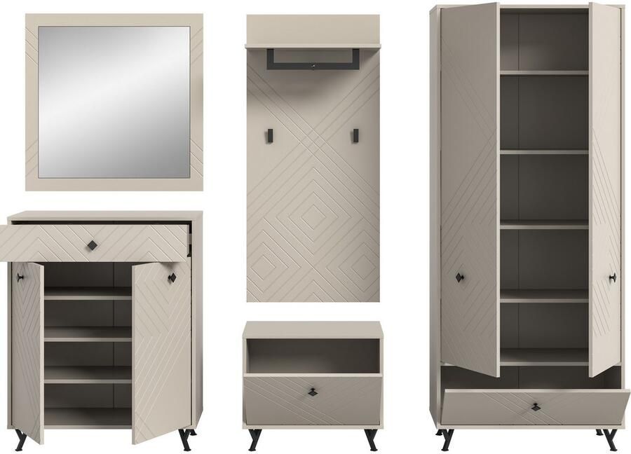 INOSIGN Halmeubelset Mento 5-delig ornamentfrezing in de front bestaande uit: Schoenencommode spiegel zitbank garderobenpaneel garderobekast (set 5-delig) - Foto 4