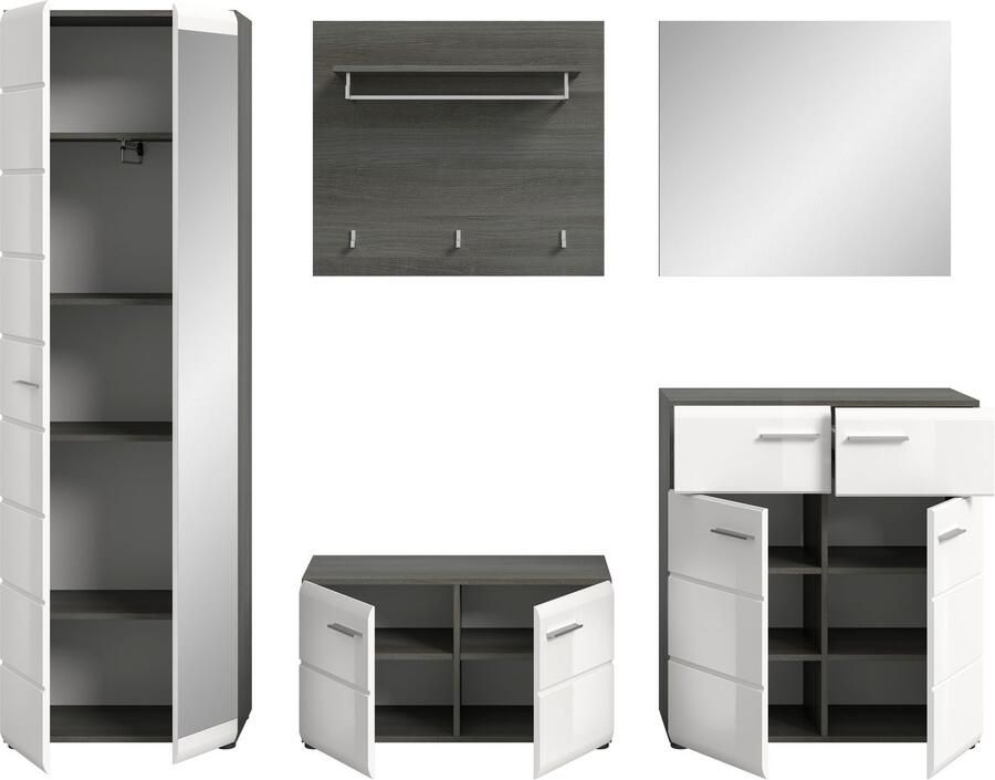 INOSIGN Halmeubelset Rumba 5-delig Breedte 250 cm Hoogglans Front bestaand uit: Garderobekast schoenenbank garderobepaneel schoenenkast spiegel (5 stuks) - Foto 8