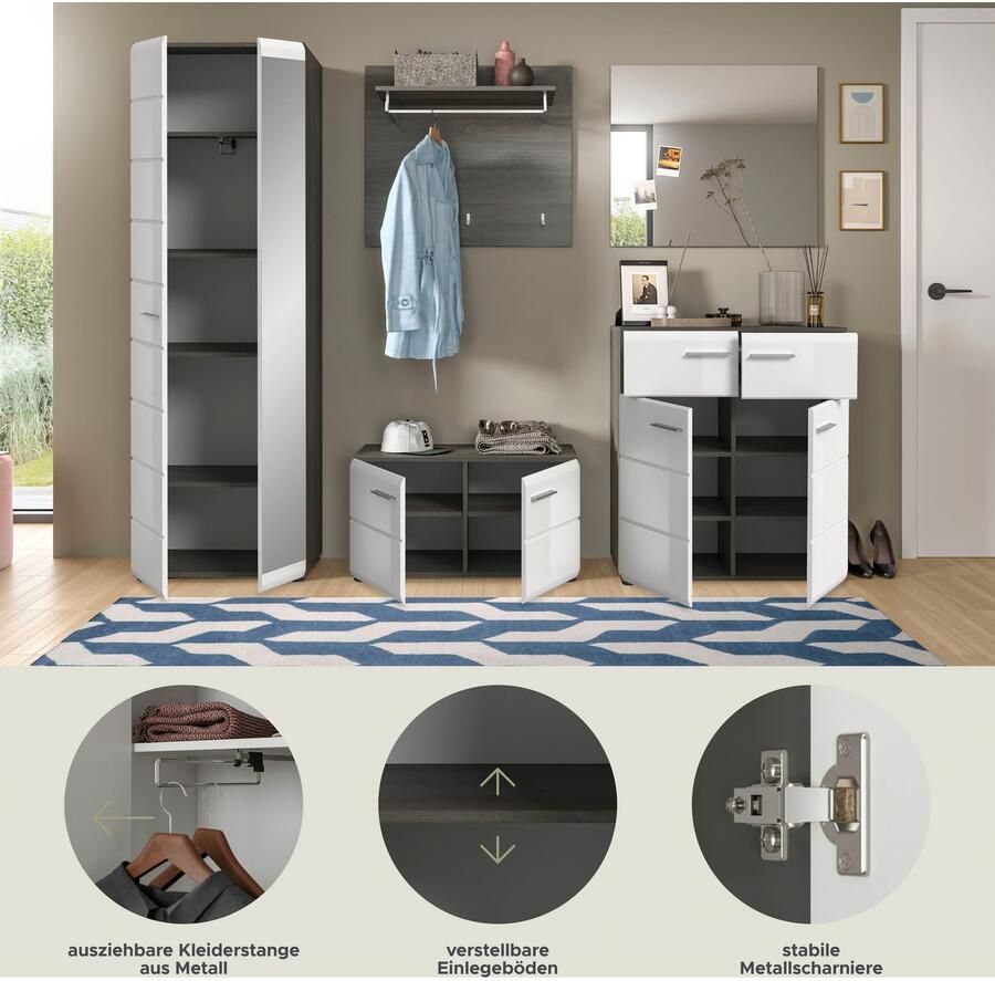 INOSIGN Halmeubelset Rumba 5-delig Breedte 250 cm Hoogglans Front bestaand uit: Garderobekast schoenenbank garderobepaneel schoenenkast spiegel (5 stuks) - Foto 5