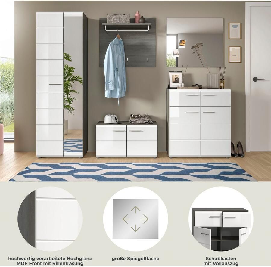 INOSIGN Halmeubelset Rumba 5-delig Breedte 250 cm Hoogglans Front bestaand uit: Garderobekast schoenenbank garderobepaneel schoenenkast spiegel (5 stuks) - Foto 6