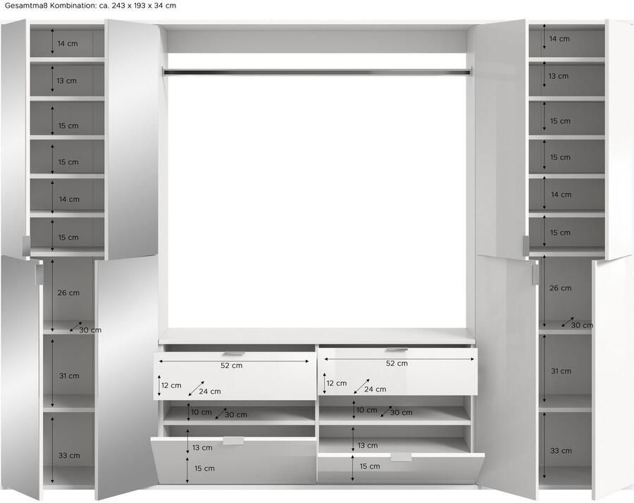 INOSIGN Halmeubelset Trondheim Breedte 243 cm 5-delig bestaande uit: 2x garderobekast 1 commode 1 kledingstang 1 legplank (set 4 stuks) - Foto 9