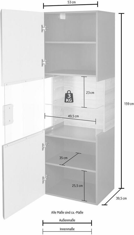 INOSIGN Hangende vitrinekast Toledo hoogte 159 cm trendy glazen vitrine met decoratieve MDF-front Vitrine met glazen front zonder verlichting veel opbergruimte hoogglans - Foto 3