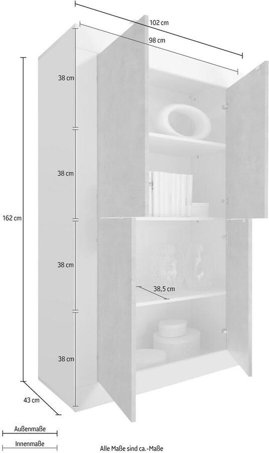 INOSIGN Highboard Basis hoogte 162 cm breedte 102 cm commode 4 deuren hoge commode Metalen handgreep moderne frame-uitstraling veel opbergruimte kleurkeuze - Foto 4