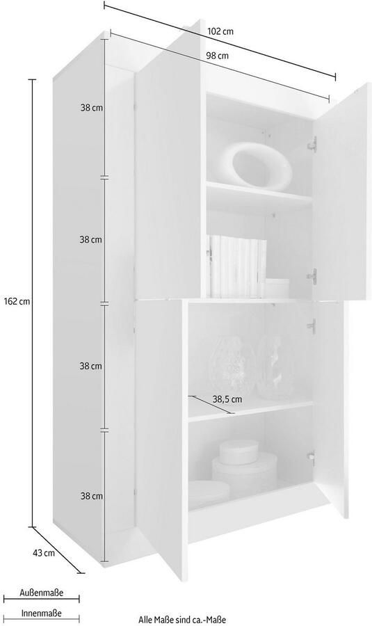 INOSIGN Highboard Basis hoogte 162 cm breedte 102 cm commode 4 deuren hoge commode Metalen handgreep moderne frame-uitstraling veel opbergruimte kleurkeuze - Foto 4