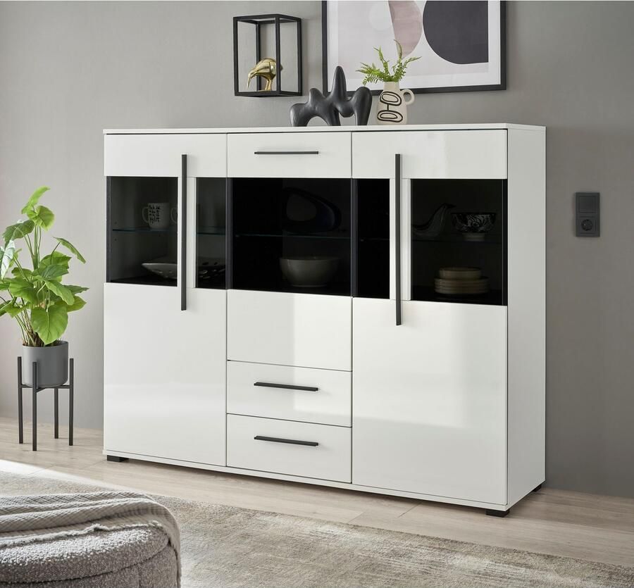 INOSIGN Highboard Cantara moderne kast vitrinekast in Eiken decor of wit zwarte stanggreep voldoende opbergruimte veelzijdig inzetbaar - Foto 3
