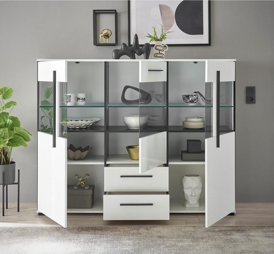 INOSIGN Highboard Cantara moderne kast vitrinekast in Eiken decor of wit zwarte stanggreep voldoende opbergruimte veelzijdig inzetbaar - Foto 4