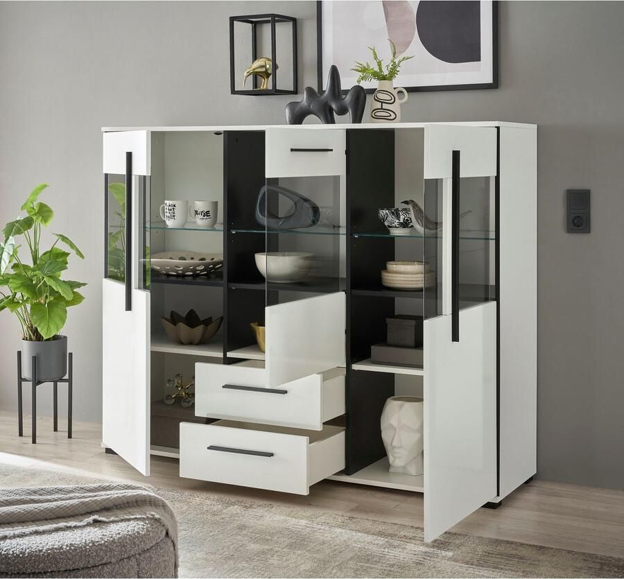 INOSIGN Highboard Cantara moderne kast vitrinekast in Eiken decor of wit zwarte stanggreep voldoende opbergruimte veelzijdig inzetbaar - Foto 5