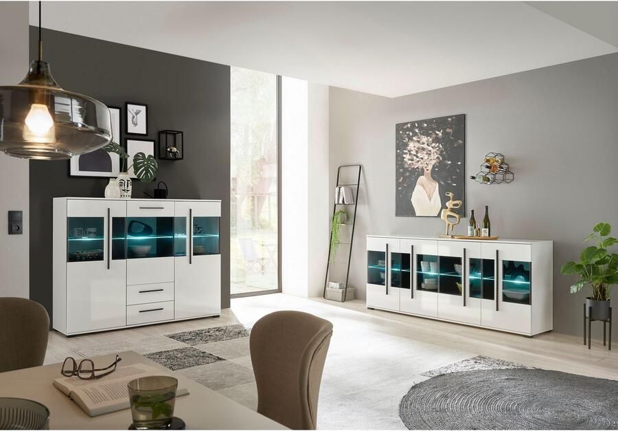 INOSIGN Highboard Cantara moderne kast vitrinekast in Eiken decor of wit zwarte stanggreep voldoende opbergruimte veelzijdig inzetbaar - Foto 12