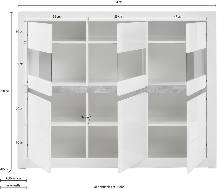 INOSIGN Highboard Carat Breedte 164 cm front in wit en betonlook inbegrepen