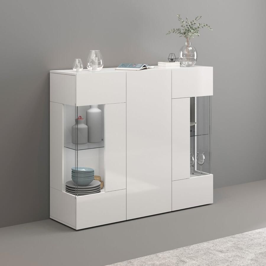 INOSIGN Highboard Egypte Highboard Hoge kast Hoge ladekast Vitrine met 3 deuren waarvan 2 met glaselement volledig hoogglans gelakt breedte 135