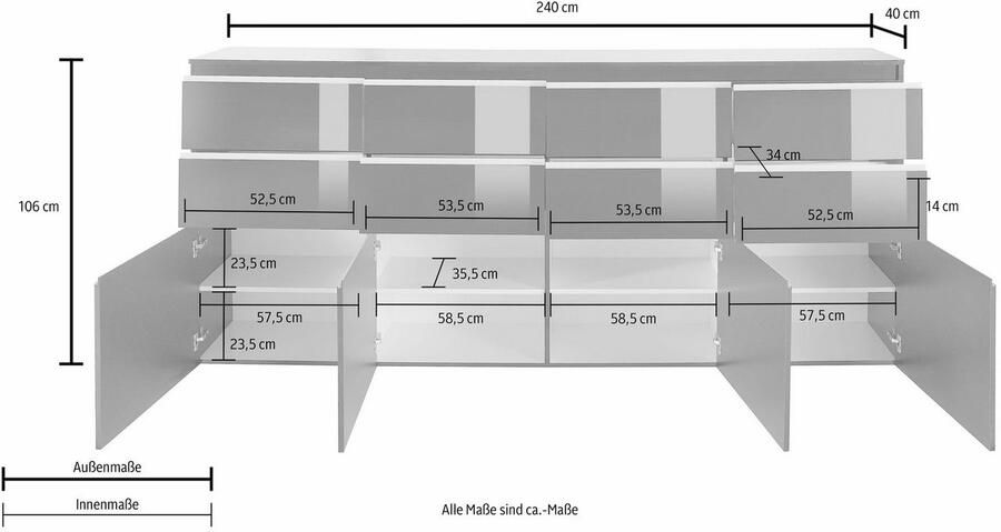 INOSIGN Highboard Magic highboard hoge kast hoge commode met 4 deuren en 8 lades hoogglans gelakt breedte 240 cm - Foto 2