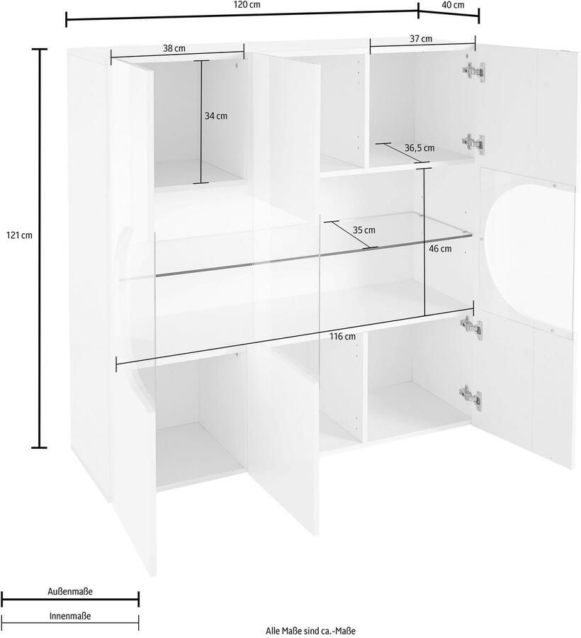 INOSIGN Highboard Real highboard commode kast met 3 deuren volledig hoogglans gelakt met 3 deuren waarvan 2 van glas met een grote glazen plank hoogte 121 - Foto 3