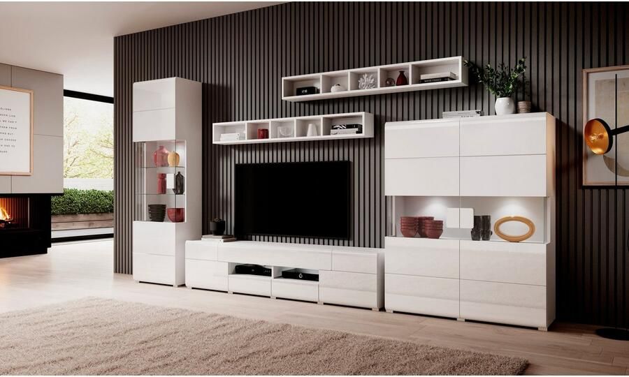 INOSIGN Wandmeubel Toledo breedte 391cm stijlvolle mediawand zonder verlichting Opbouwwand (2x hangvitrine lowboard wandplank) MDF hoogglans fronten (set) - Foto 7