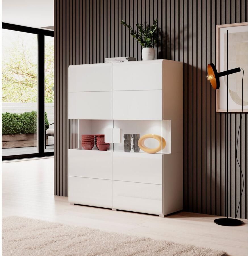 INOSIGN Wandmeubel Toledo breedte 391cm stijlvolle mediawand zonder verlichting Opbouwwand (vitrine lowboard highboard 2x hangplank) MDF hoogglans fronten (set 5 stuks)