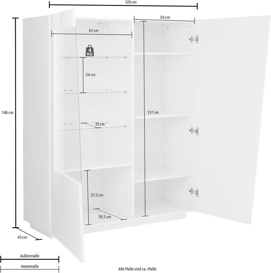 INOSIGN Highboard Vega hoge kast hoge kommode kast met 2 deuren met glazen inzet hoogte 146 cm