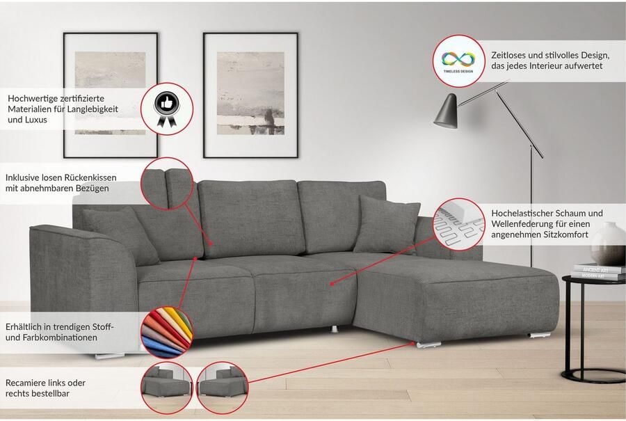 INOSIGN Hoekbank BEATRICE optionele slaapbank met bedlade B D H: 265 170 86 cm