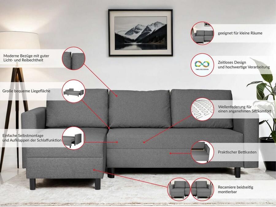 INOSIGN Hoekbank GLENOE slaapbank met bedlade ottomane aan beide zijden te monteren L-vorm afmetingen B D H: 230 135 84 5 cm velvet & zachte structuur