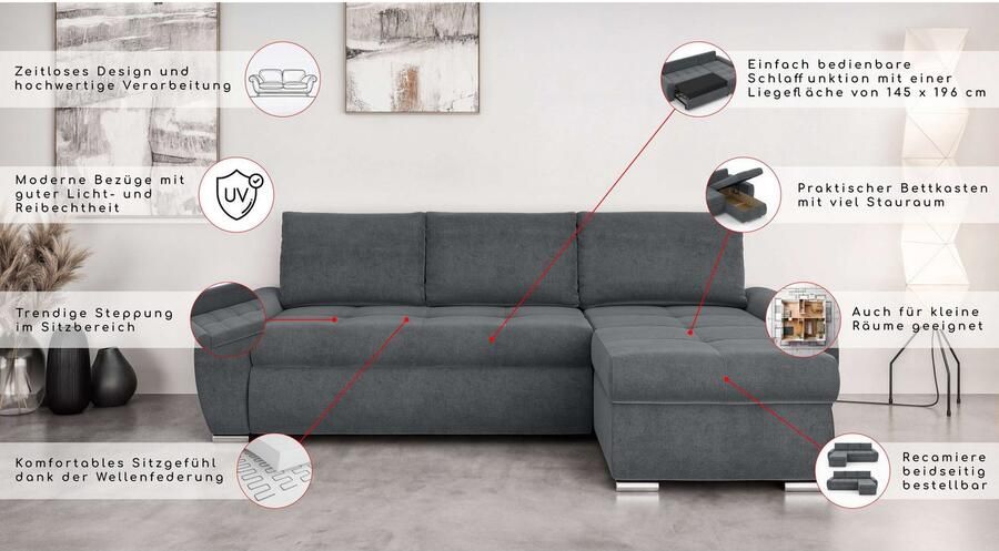 INOSIGN Hoekbank HAVERHILL slaapbank met bedlade afmetingen B H D: 237 89 166 cm - Foto 7