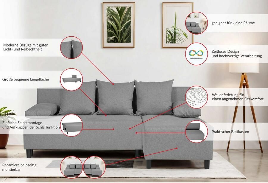 INOSIGN Hoekbank IWALANI slaapbank met bedlade ottomane aan beide zijden te monteren