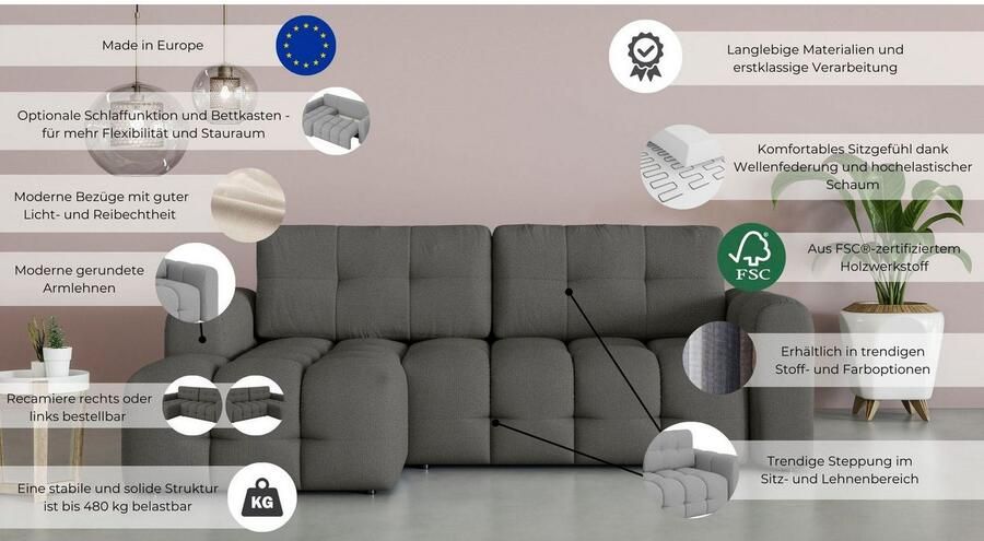 INOSIGN Hoekbank Manilla optioneel met bedfunctie B D H 265 170 91 cm L-vorm met recamiere rechts links bestelbaar golfondersteuning - Foto 4