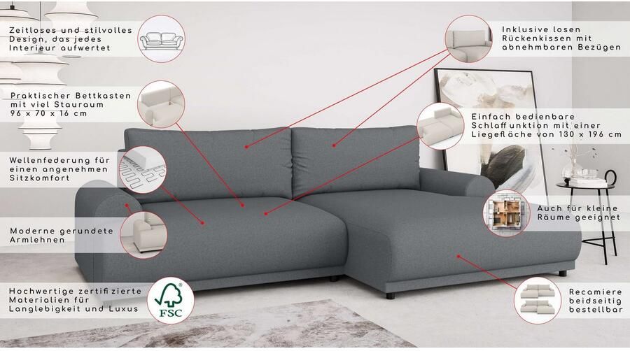 INOSIGN Hoekbank Marsby met bedfunctie en bedlade afmetingen: B H D 242 65 145 cm - Foto 7