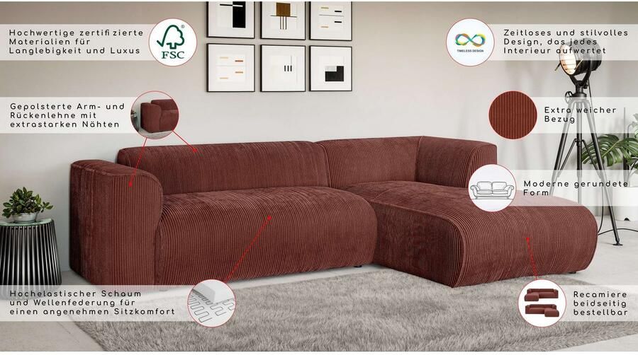 INOSIGN Hoekbank MERID L-vorm (257 cm) tijdloos & stijlvol ontwerp Uitgebreid gepolsterd in cord chenille en structuur - Foto 2